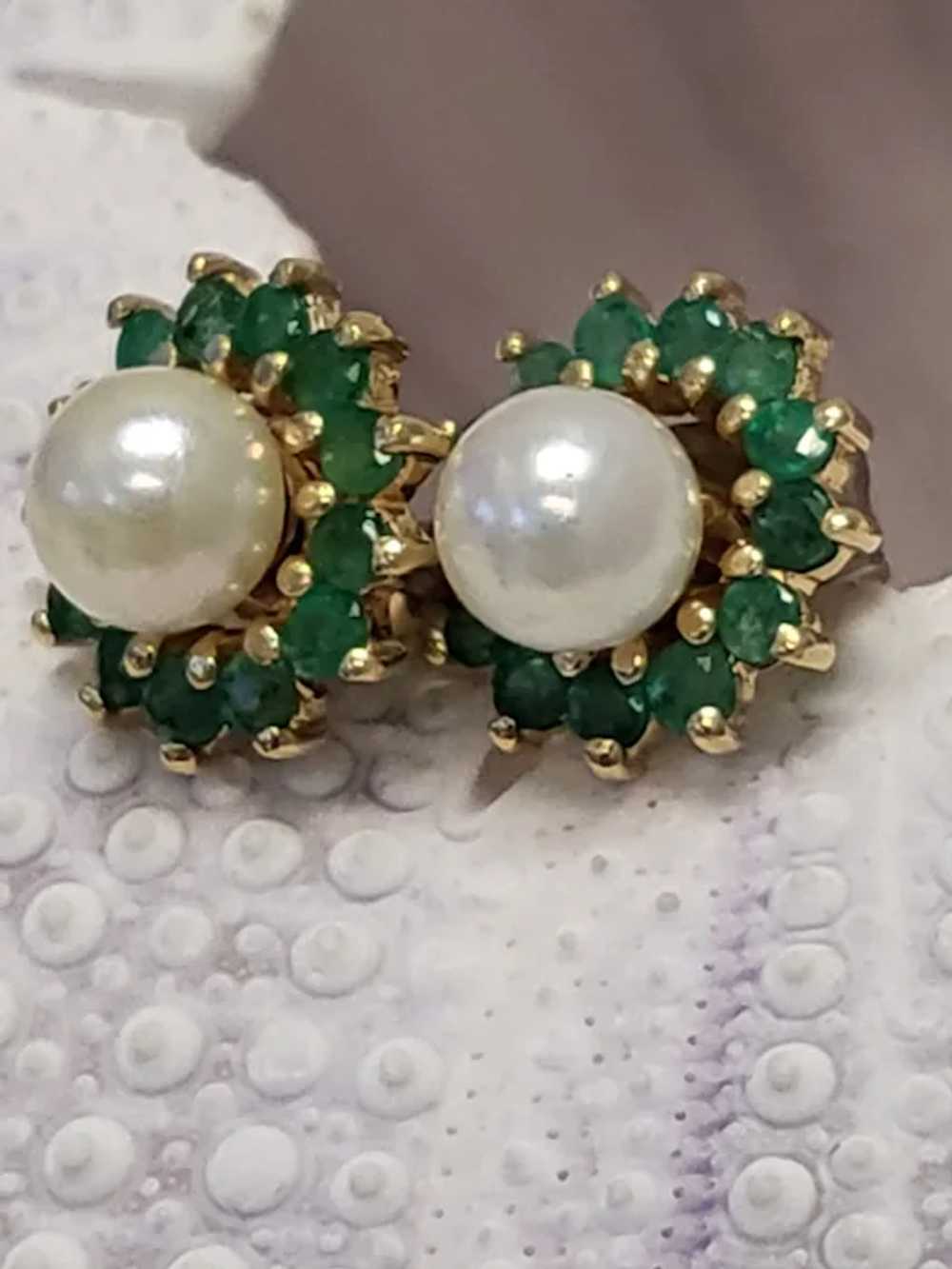 14K Gold Emerald Halo Jackets, Diamonds and Pearl… - image 8