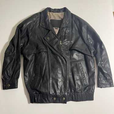 Vintage Express Black Leather Bomber Jacket Size S