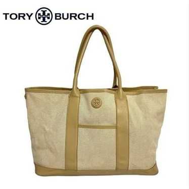 TORY BURCH Canvas and tan Leather Brooke Tote