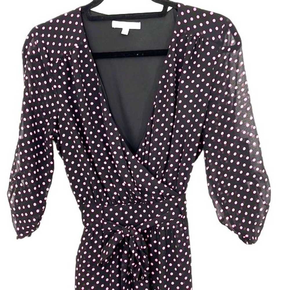 DR2 Wrap Polka Dot Sheer Lined Dress Black Pink S… - image 3