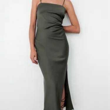 Zara Army Green Satin Side Ruched Slip Dress with… - image 1