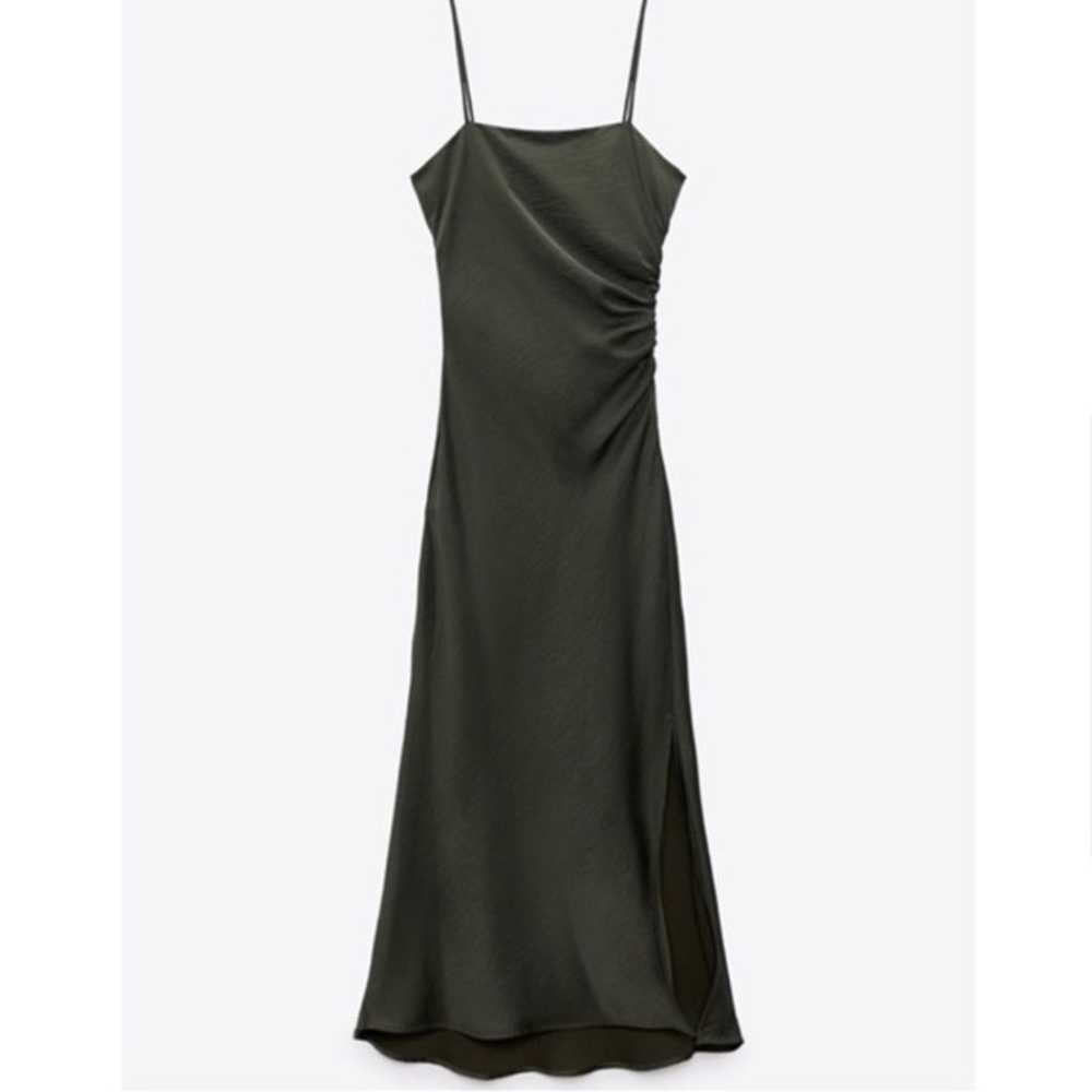 Zara Army Green Satin Side Ruched Slip Dress with… - image 2