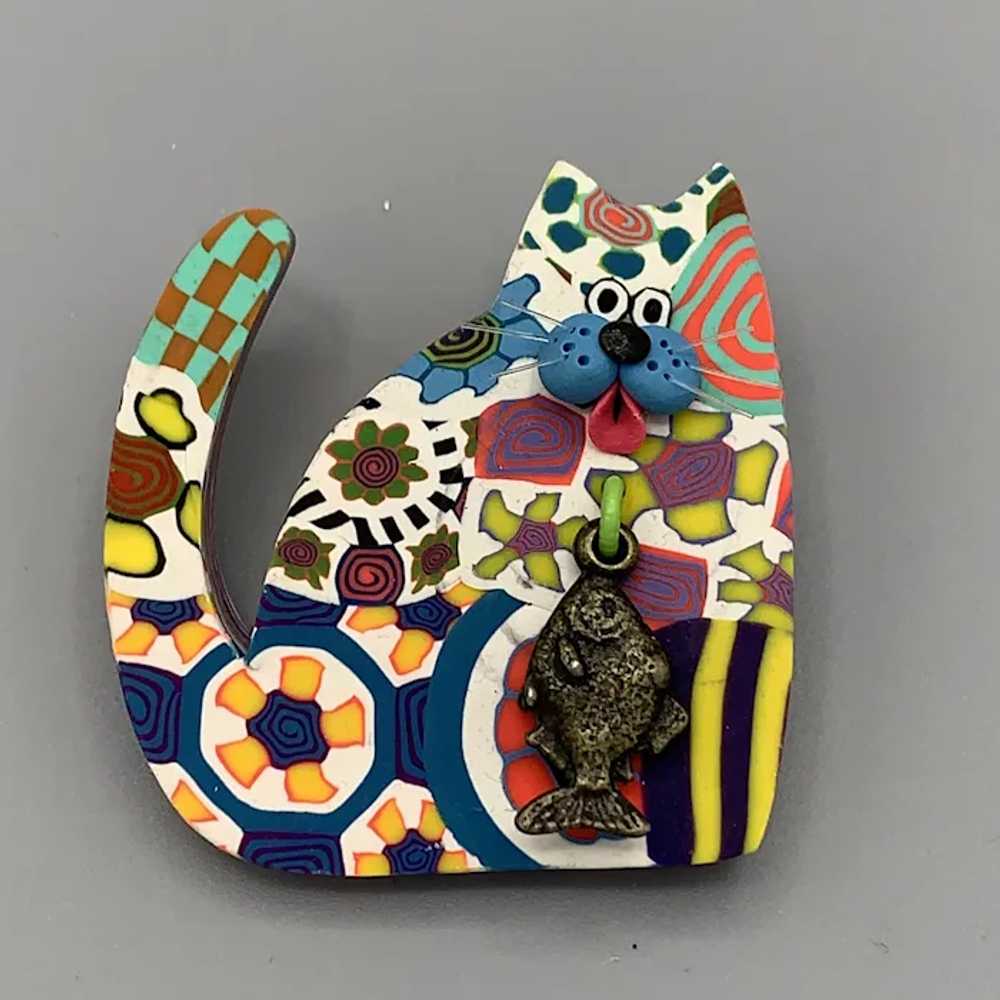 Unique Multicolored 3D Cat Brooch with Fish Charm… - image 2