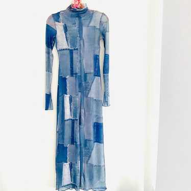 Zara Denim Jean Patchwork Print Maxi Dress SZ XS