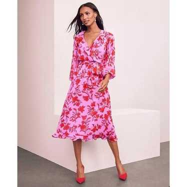 Ann Taylor Pink and Purple Floral Ruffle Midi Dre… - image 1
