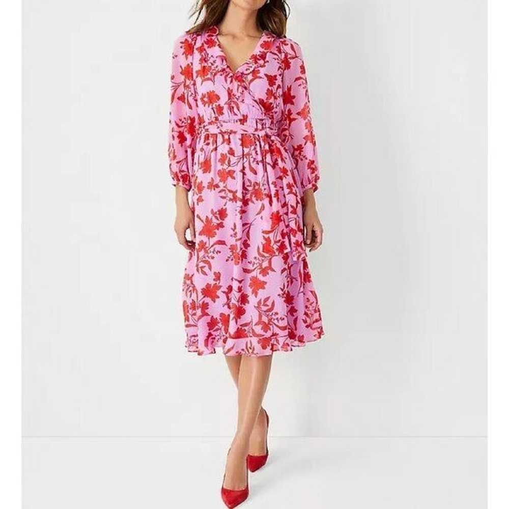 Ann Taylor Pink and Purple Floral Ruffle Midi Dre… - image 2