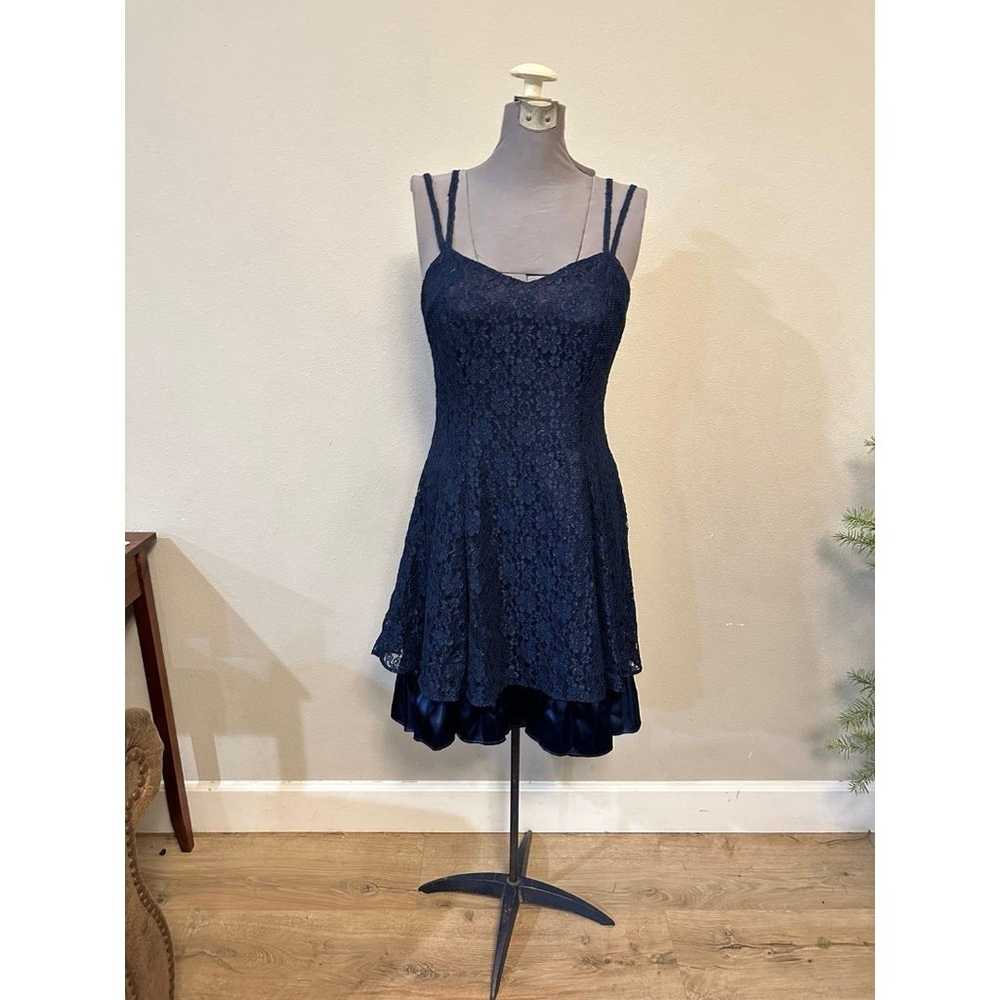 Vintage blue lace midi dress double straps full s… - image 1