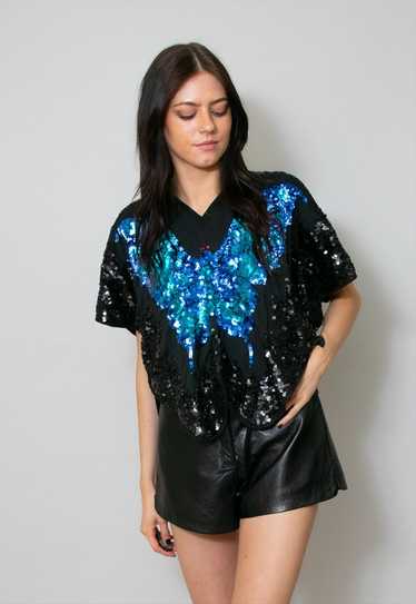 70's Vintage Butterfly Iconic Black Sequin Blue To