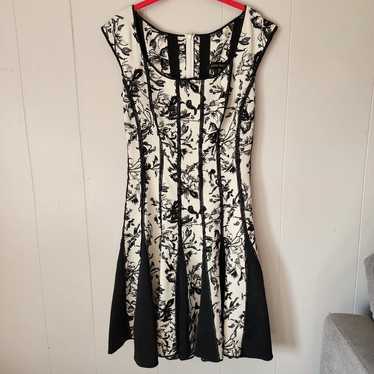 Tadashi Shoji White Black Embroidered Dress Womens