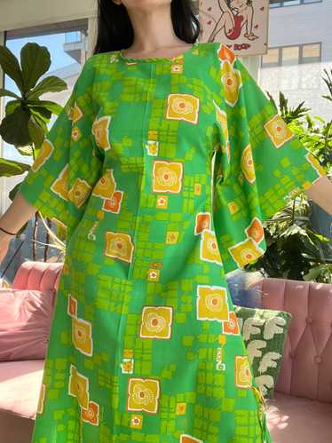 60s 70s Vintage Green Geometric Pattern Maxi Dress