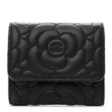 CHANEL Caviar Camellia Embossed Compact Wallet Bla