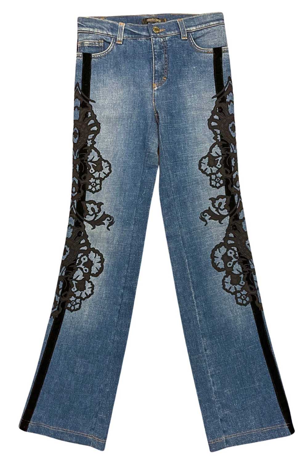 ROBERTO CAVALLI DENIM JEANS W BLACK VELVET APPLIQ… - image 1