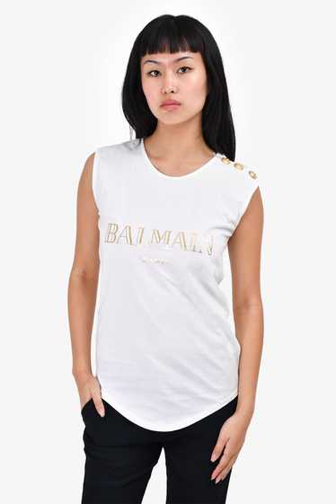 Balmain White/Gold Button Logo Sleeveless T-Shirt 