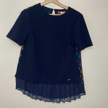 Ted Baker High Low Navy Short Sleeve Blouse Pleat… - image 1