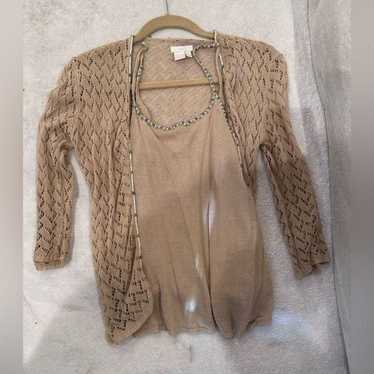 Tan with beads set size M cardigan and tank top z… - image 1