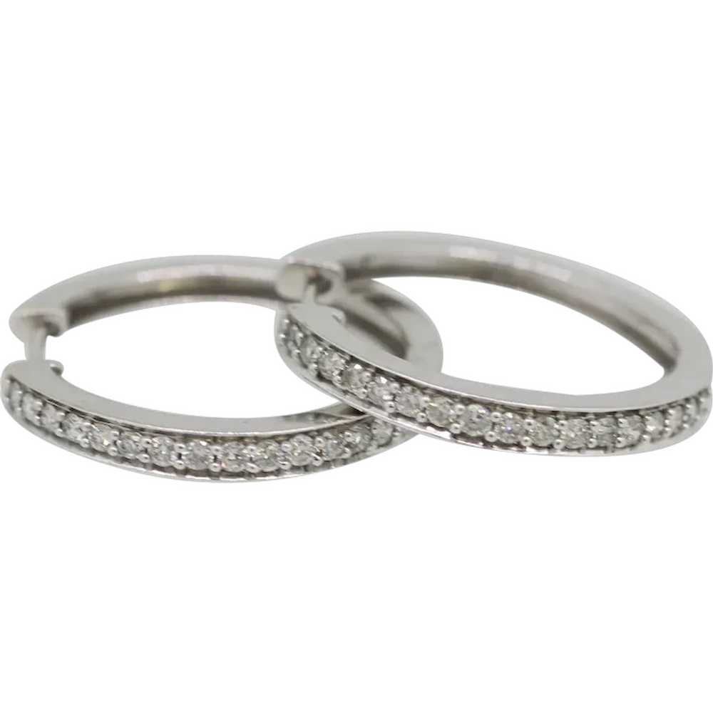 14k White Gold Round Diamond Hoop Earrings - image 1