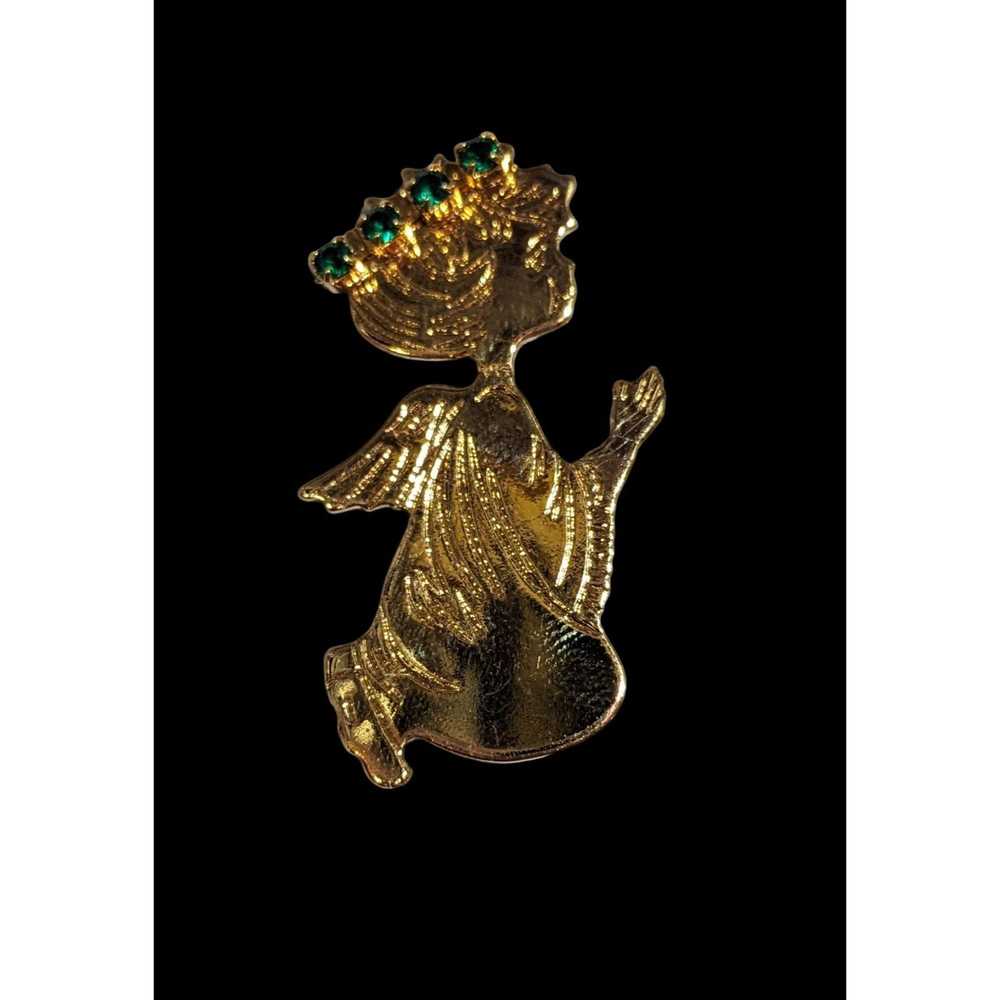 Other Vintage Gold Green Rhinestone Angel Brooch - image 1