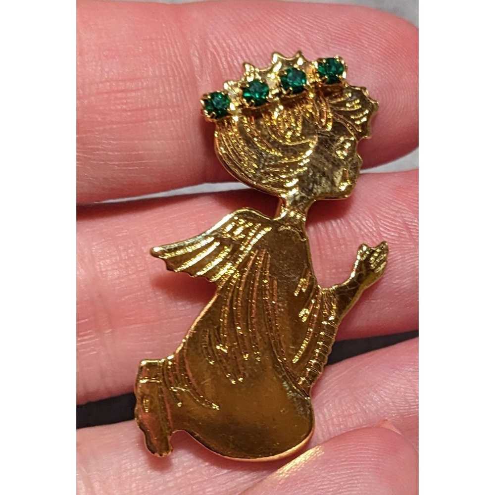 Other Vintage Gold Green Rhinestone Angel Brooch - image 2