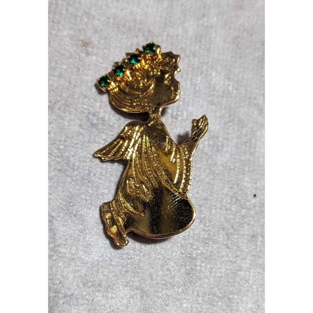 Other Vintage Gold Green Rhinestone Angel Brooch - image 3