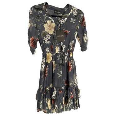 Nicholas Pintuck Navy Floral Button Front Long fashion Sheer Sleeve Ruffle Mini Dress