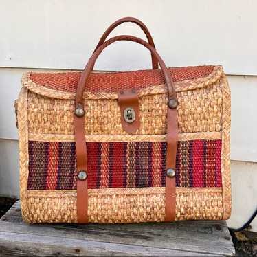 Vintage woven straw boho briefcase bag