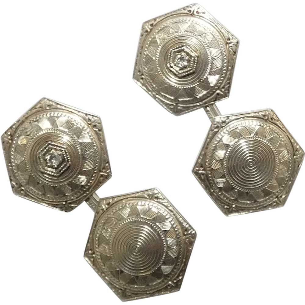 Art Deco 14K White Gold Diamond Cuff Links - image 1