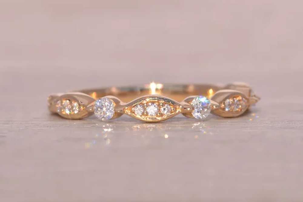 Yellow Gold Natural Diamond Station Ring - image 5