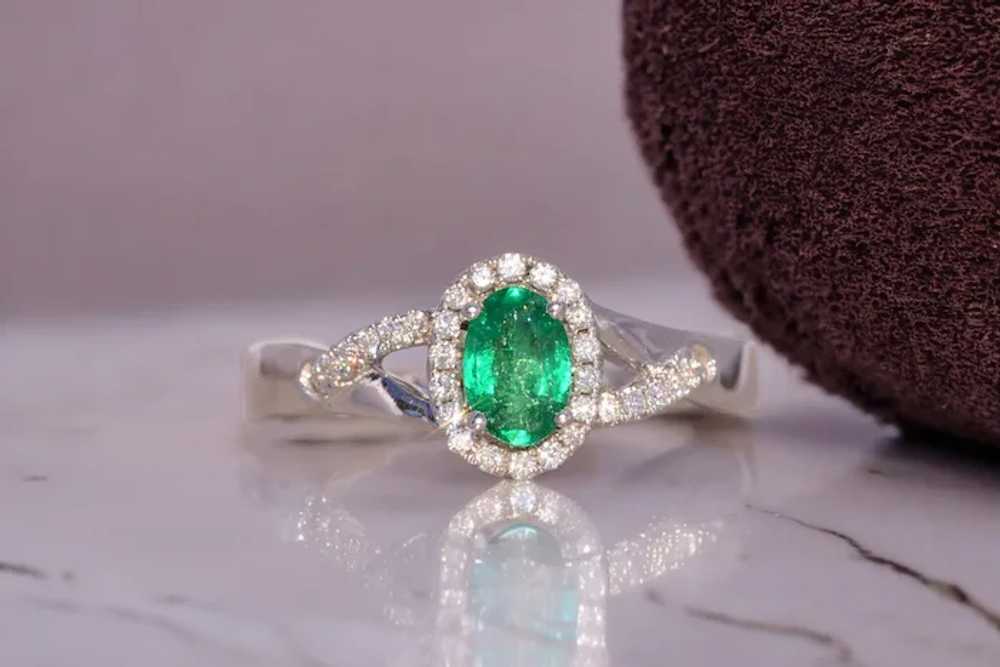 Natural Emerald and Diamond Halo Ring in White Go… - image 10