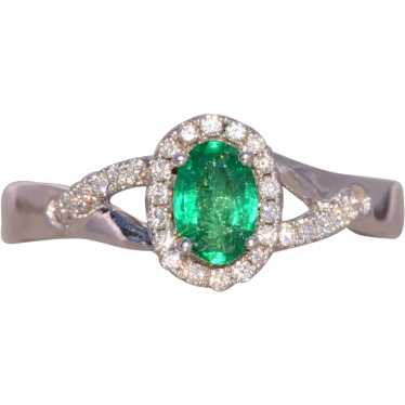 Natural Emerald and Diamond Halo Ring in White Go… - image 1