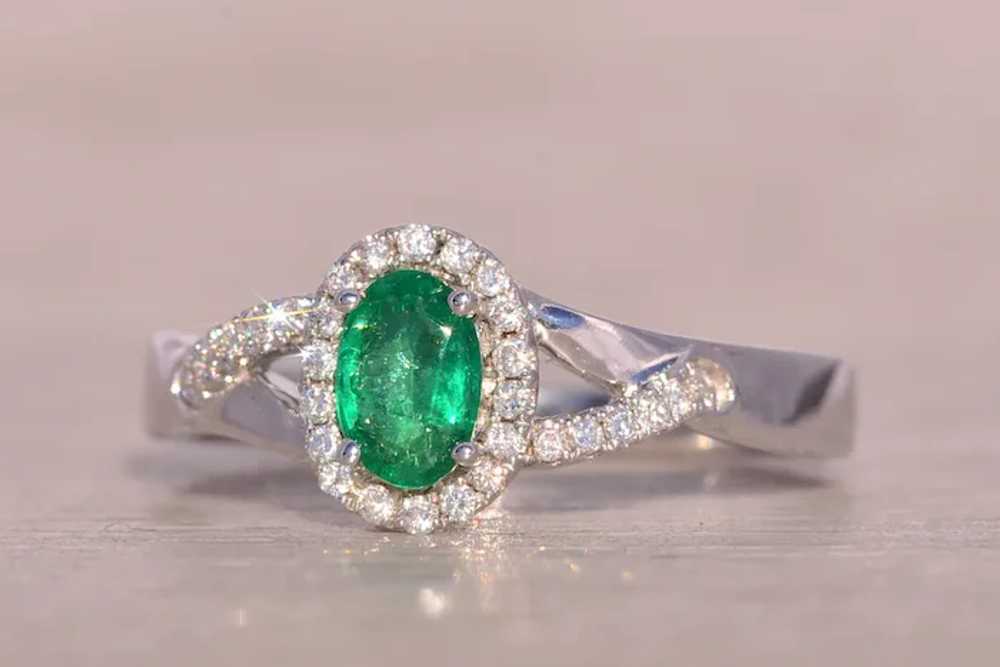 Natural Emerald and Diamond Halo Ring in White Go… - image 2