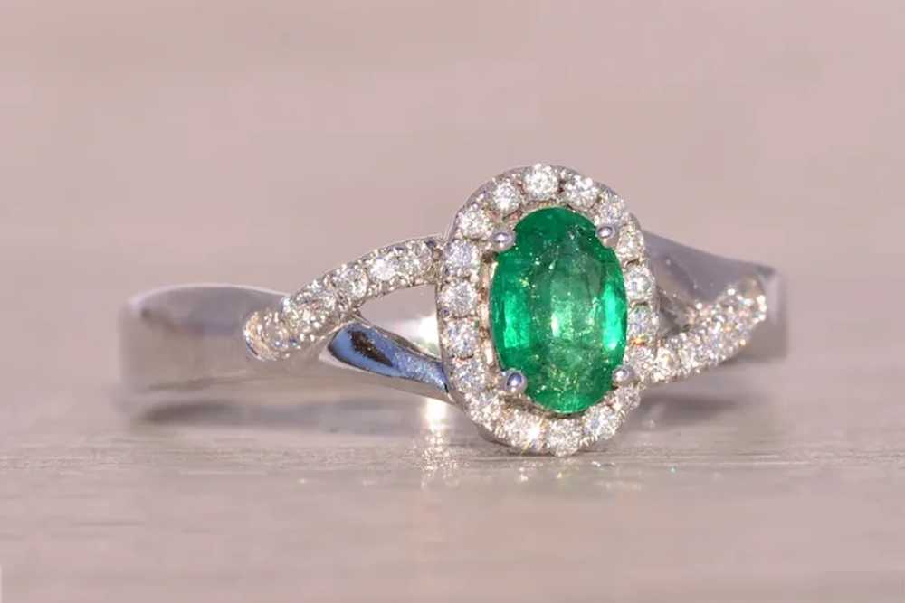 Natural Emerald and Diamond Halo Ring in White Go… - image 5