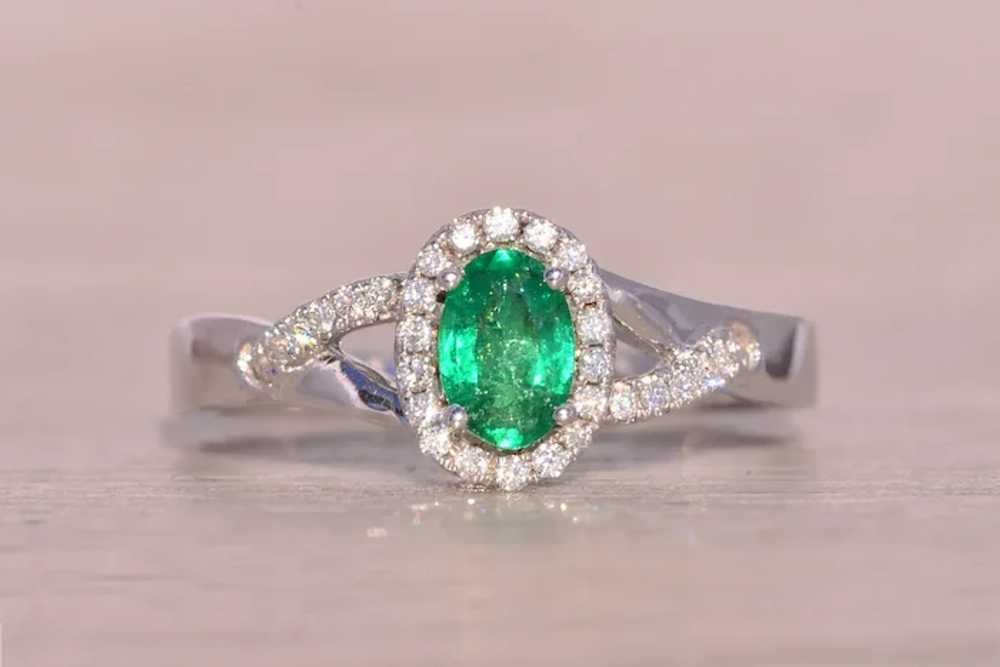 Natural Emerald and Diamond Halo Ring in White Go… - image 6