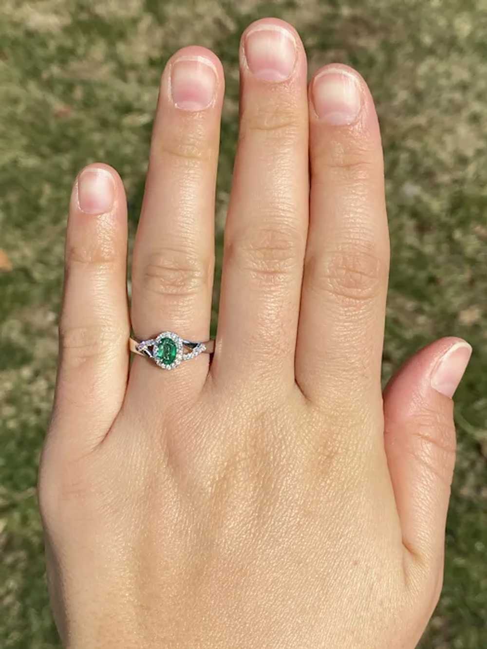 Natural Emerald and Diamond Halo Ring in White Go… - image 7