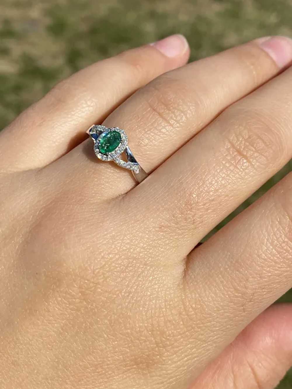 Natural Emerald and Diamond Halo Ring in White Go… - image 8