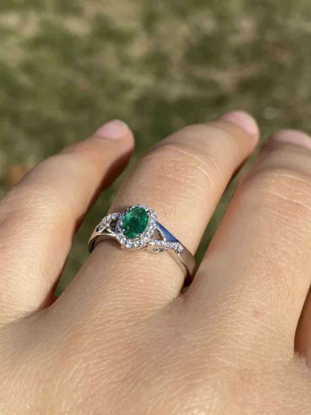 Natural Emerald and Diamond Halo Ring in White Go… - image 9