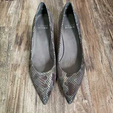 Stuart Weitzman Snakeskin Pointed Toe Kitten Heel… - image 1