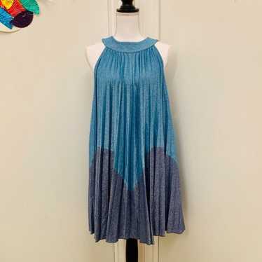 Free People Metallic Blue Pleated Mod Mini Dress N
