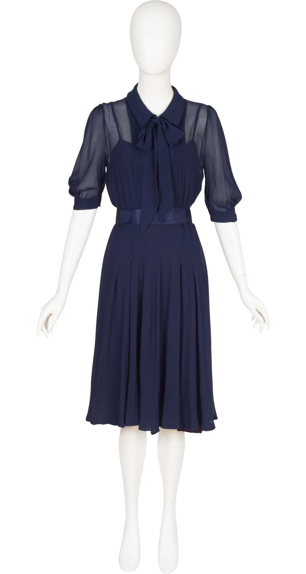 1970s Navy Silk Chiffon Collared Shirt Dress - image 1