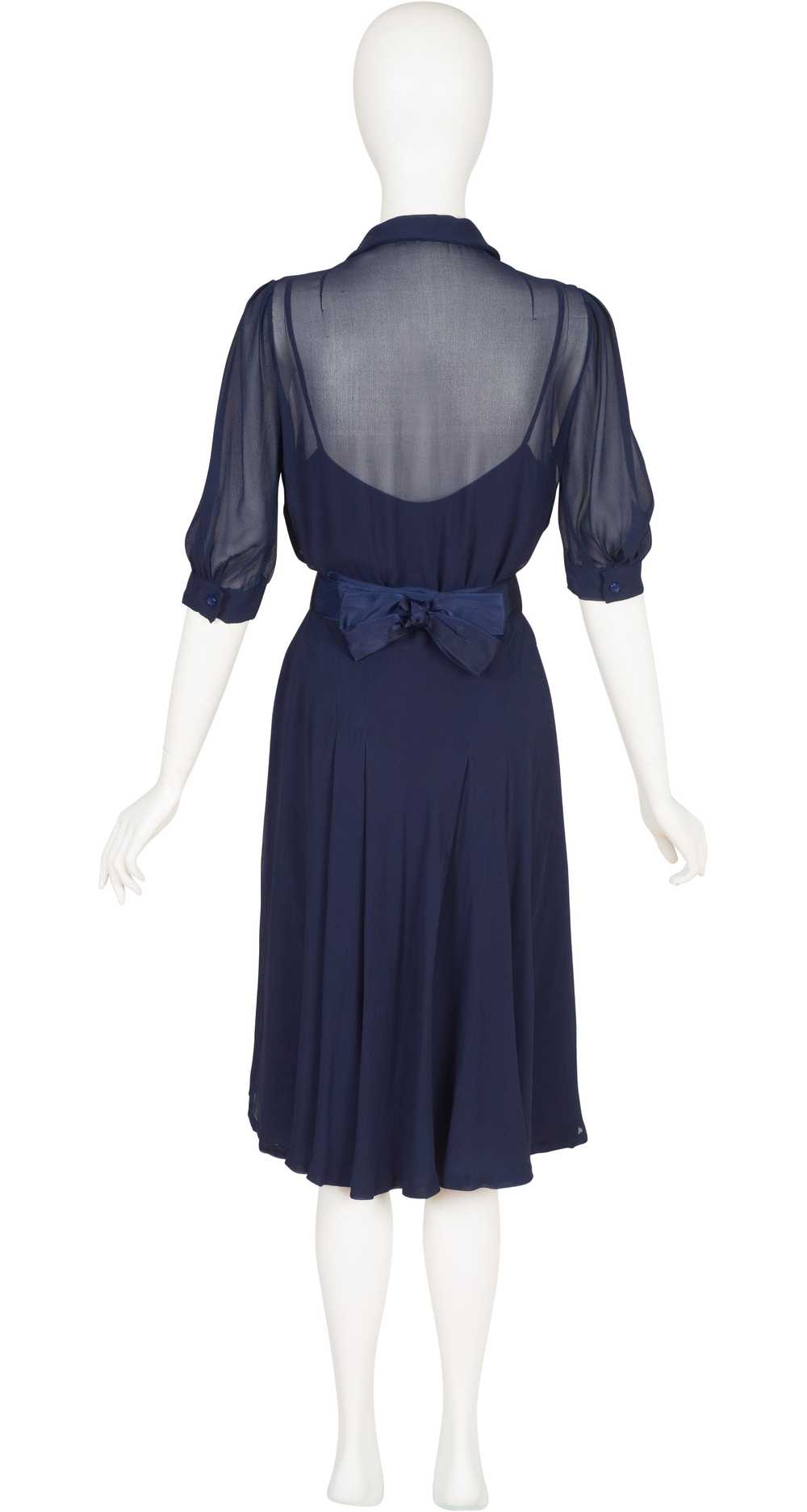 1970s Navy Silk Chiffon Collared Shirt Dress - image 2