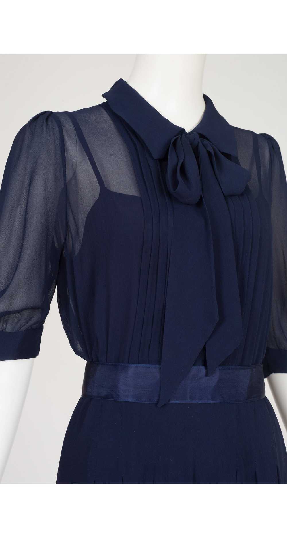 1970s Navy Silk Chiffon Collared Shirt Dress - image 3