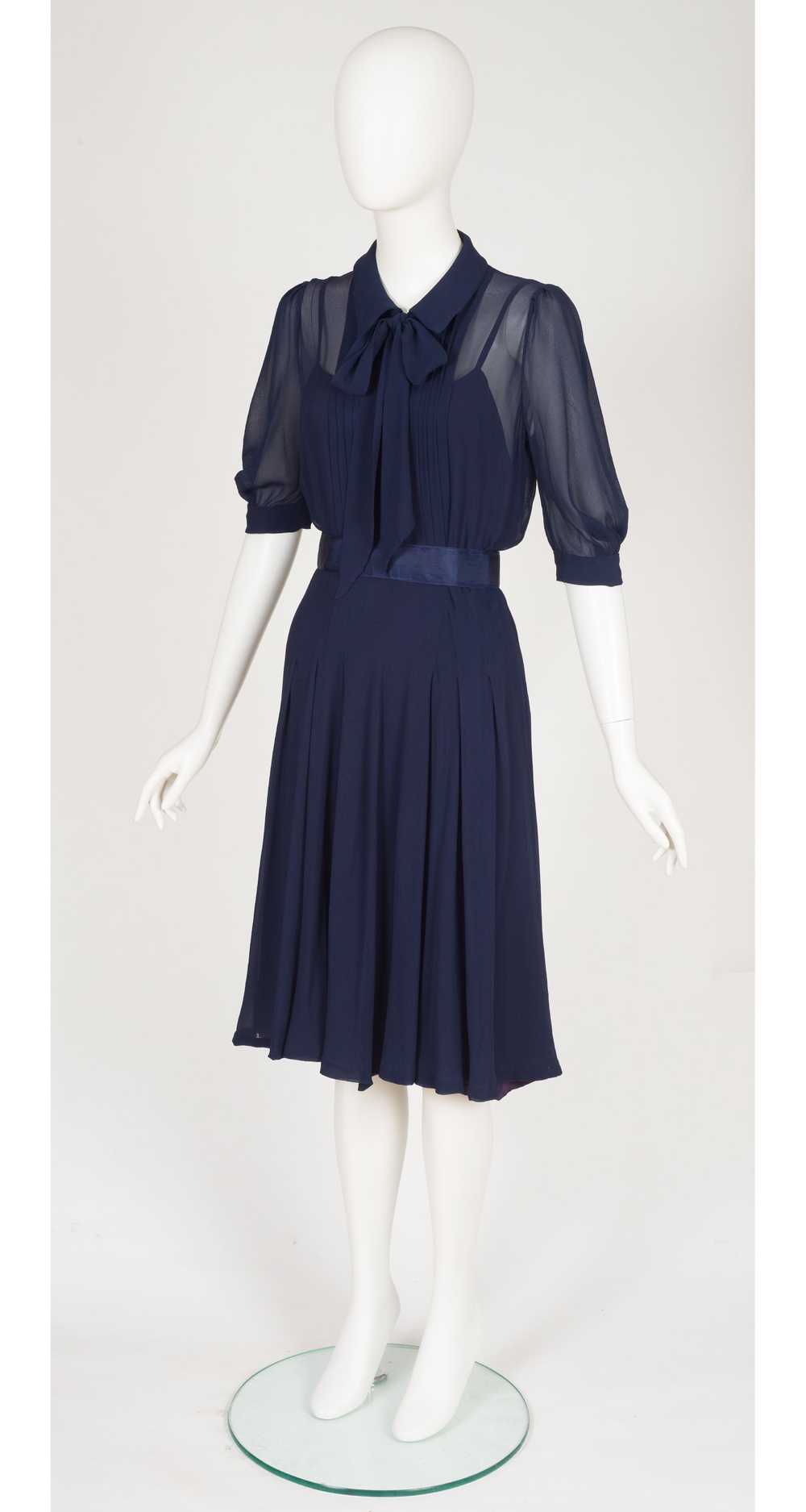 1970s Navy Silk Chiffon Collared Shirt Dress - image 5