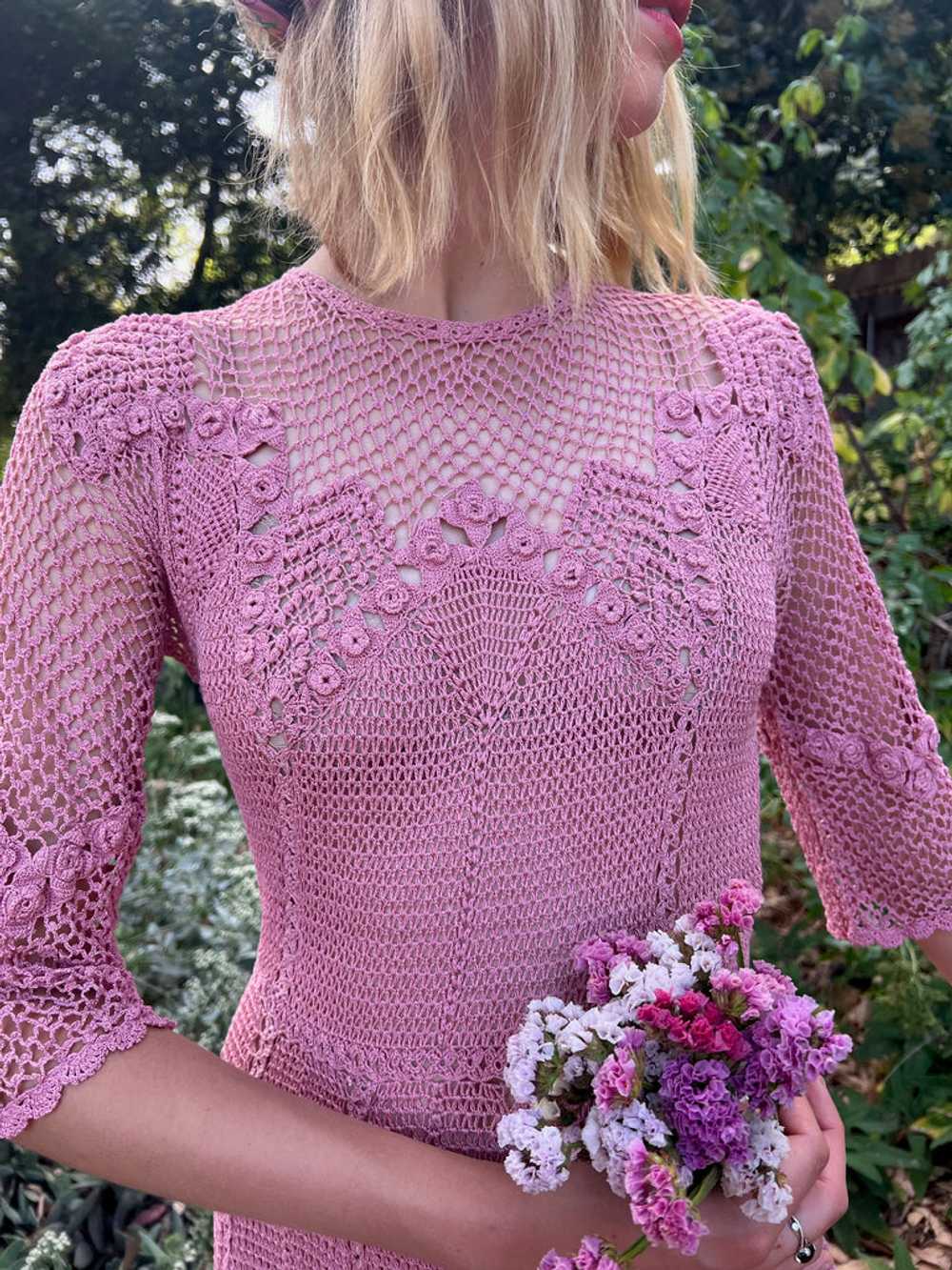 The Cezanne Dress - Vintage 1970s pink crochet la… - image 2