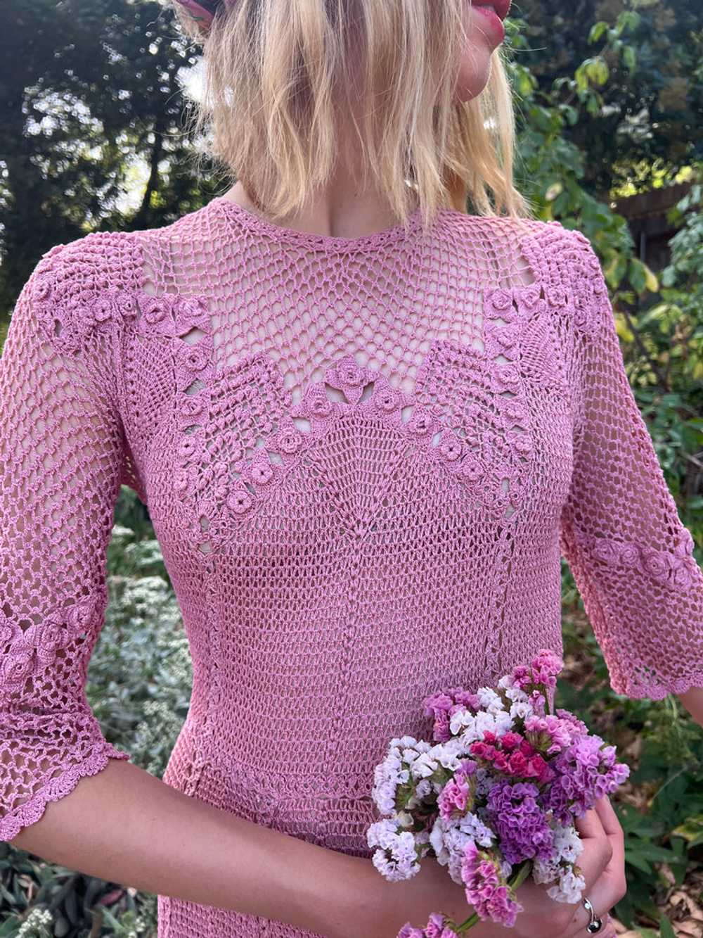 The Cezanne Dress - Vintage 1970s pink crochet la… - image 6