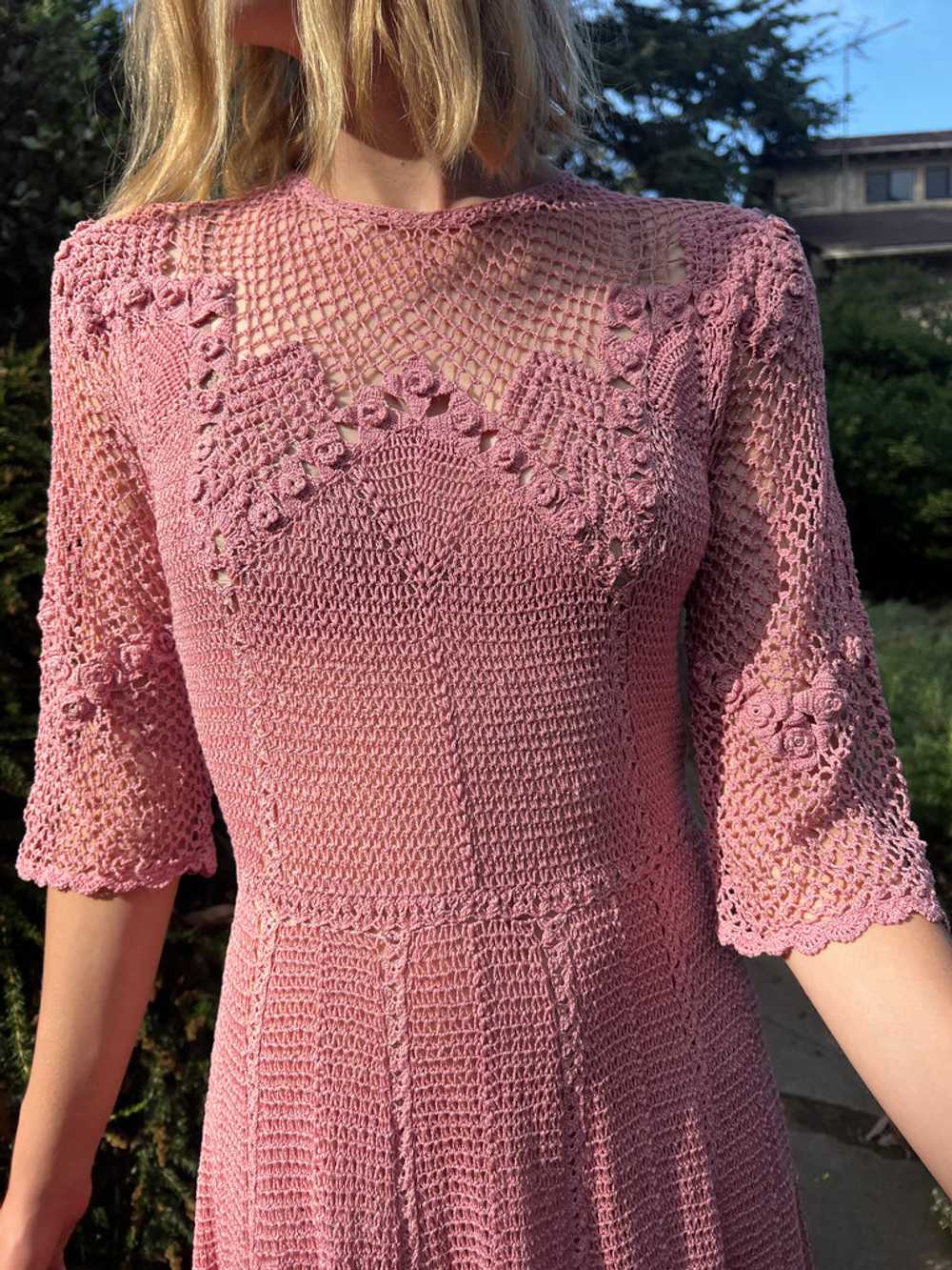 The Cezanne Dress - Vintage 1970s pink crochet la… - image 7