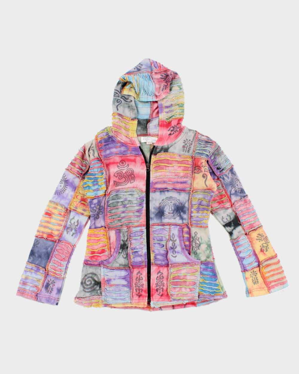 Y2k 00s Tie Dye Slashed Patchwork Hoodie - S - image 1