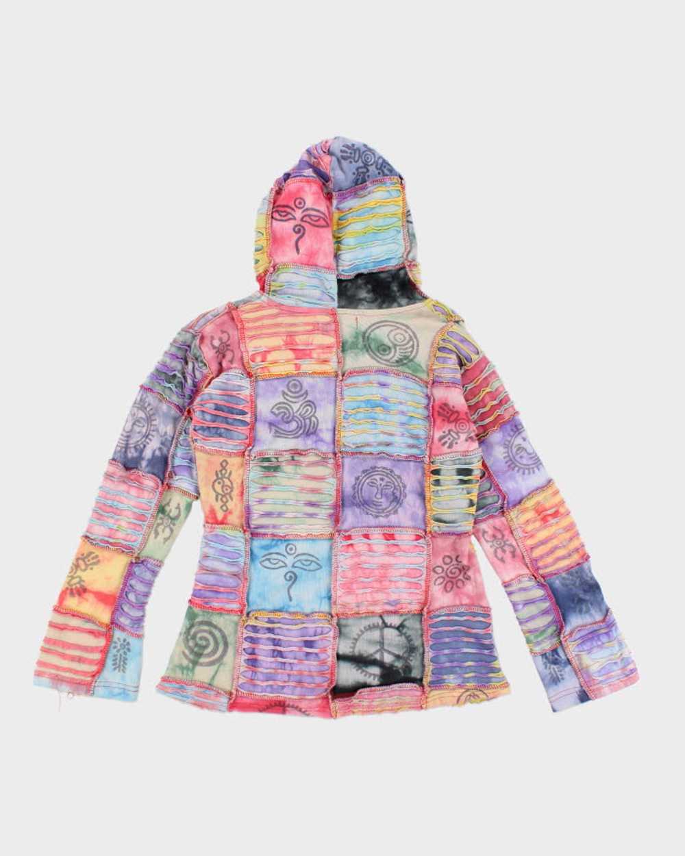 Y2k 00s Tie Dye Slashed Patchwork Hoodie - S - image 2