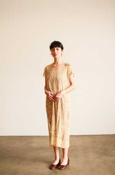 1920s Beige Lace Filet Embroidered Dress