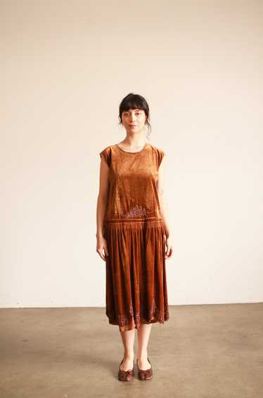 1920s Bronze Silk Velvet Beaded Dress