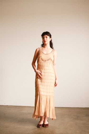 1920s Peach Silk Chiffon Beaded Tiered Dress