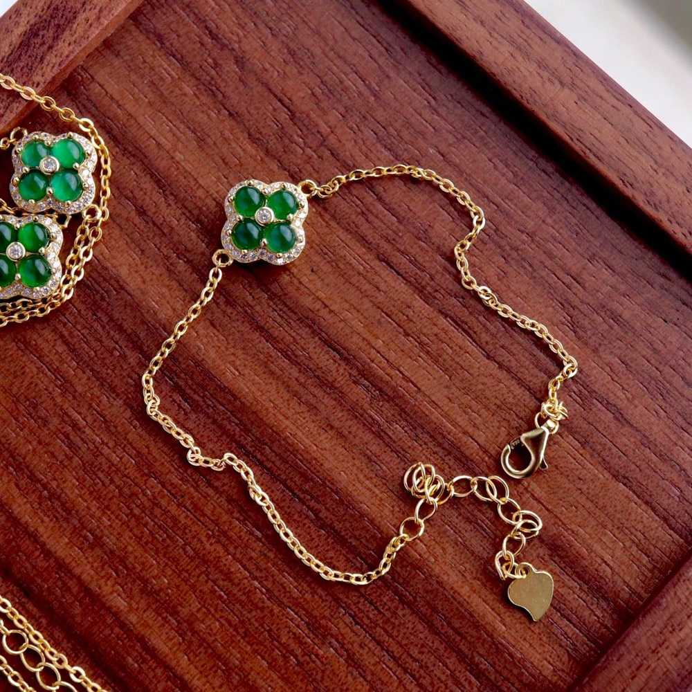 S925 silver inlaid natural jade four-leaf clover … - image 2